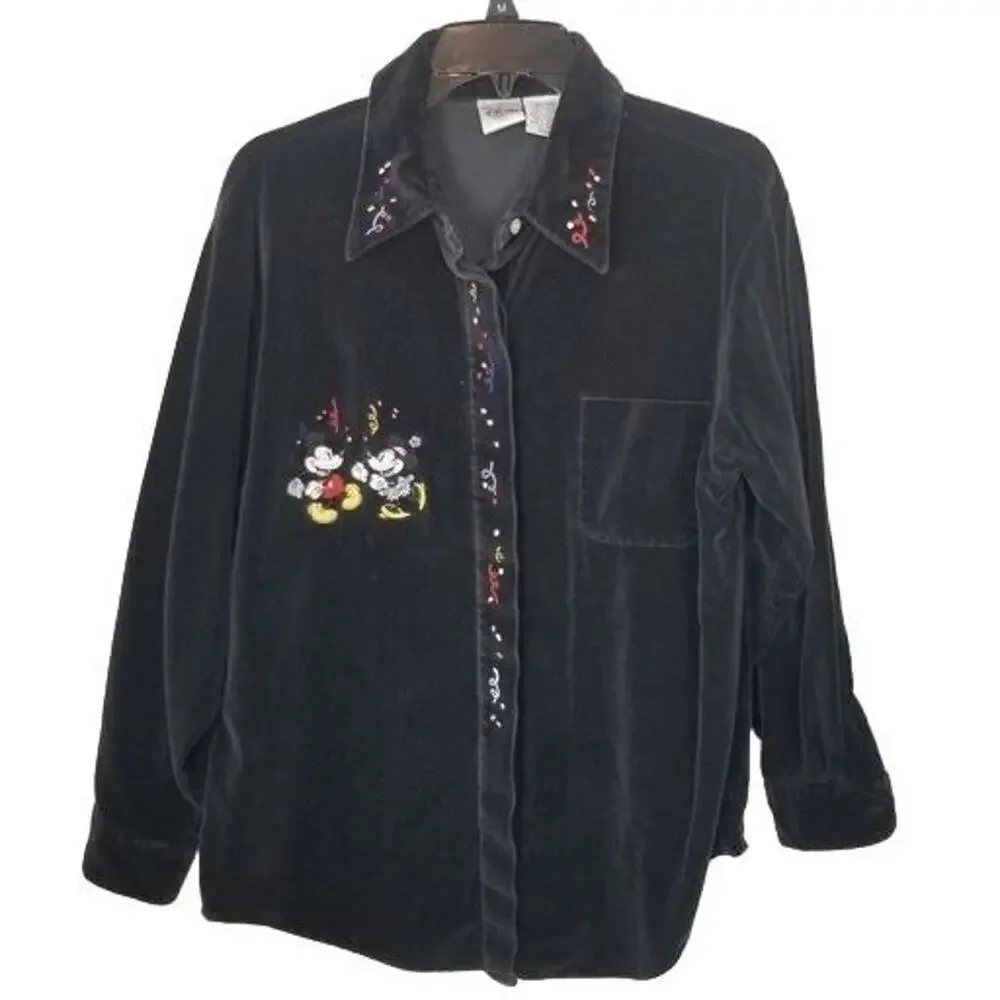 Vintage The Disney Catalog Womens Velvet Button Shirt Size M Mickey Minnie 90s